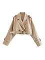 ZBZA Women's Fashion Belt Embellished Short Trench Coat Long Sleeve Front Button High Street Jacket Khaki Twill Slim Fit Jacket. 