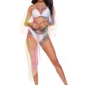 Women Bikini Cover-Ups Mesh See-Through Fashion Print Crew Neck Irregular Hem Beach Swimwear Sunscreen Blouse.