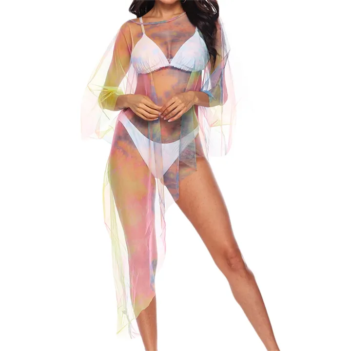 Women%20Bikini%20Cover-Ups%20Mesh%20See-Through%20Fashion%20Print%20Crew%20Neck%20Irregular%20Hem%20Beach%20Swimwear%20Sunscreen%20Blouse%20-%20Image%203