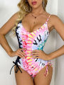 Women's Summer Slim Romper Swimwear Sleeveless V Neck Tie Dye Print Bathing Suit.