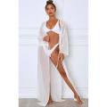 Bikini Women Beach Cover Ups Lantern Long Sleeve Swimwear Drawstring Kimono White See Through Long Cardigan Coverups Tops.