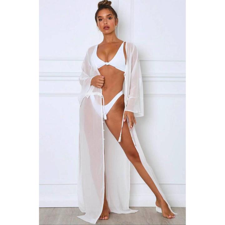 Bikini Women Beach Cover Ups Lantern Long Sleeve Swimwear Drawstring Kimono White See Through Long Cardigan Coverups Tops