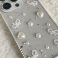 3D Pearl Bow Silver Foil Epoxy Phone Case For iPhone 15 14 13 12 11 Pro Max XS Max XR X 7 8 Plus Cute Clear Soft Silicone Cover.