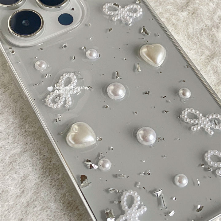 3D Pearl Bow Silver Foil Epoxy Phone Case For iPhone 15 14 13 12 11 Pro Max XS Max XR X 7 8 Plus Cute Clear Soft Silicone Cover