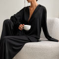 Low Cut Fashion Pajamas Set For Women Loose Casual Long Sleeve Trouser Suits Solid Satin Silk Female Home Fitted Tops 2-Pce. 