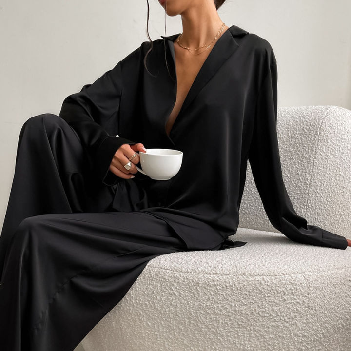 Low%20Cut%20Fashion%20Pajamas%20Set%20For%20Women%20Loose%20Casual%20Long%20Sleeve%20Trouser%20Suits%20Solid%20Satin%20Silk%20Female%20Home%20Fitted%20Tops%202-Pce%20-%20Image%205