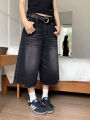 Retro Fashion Y2k Women Jeans Streetwear Jorts Brushed Black Wash Cropped 2024 New Baggy Wide Leg Frayed Denim Short Pants. 