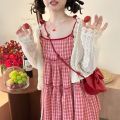Korean Sweet and Lovely Girl S-8xl Plus Size Hollow Out Sun Protection Cardigan Strawberry Plaid Halting Dress Two-piece Set.