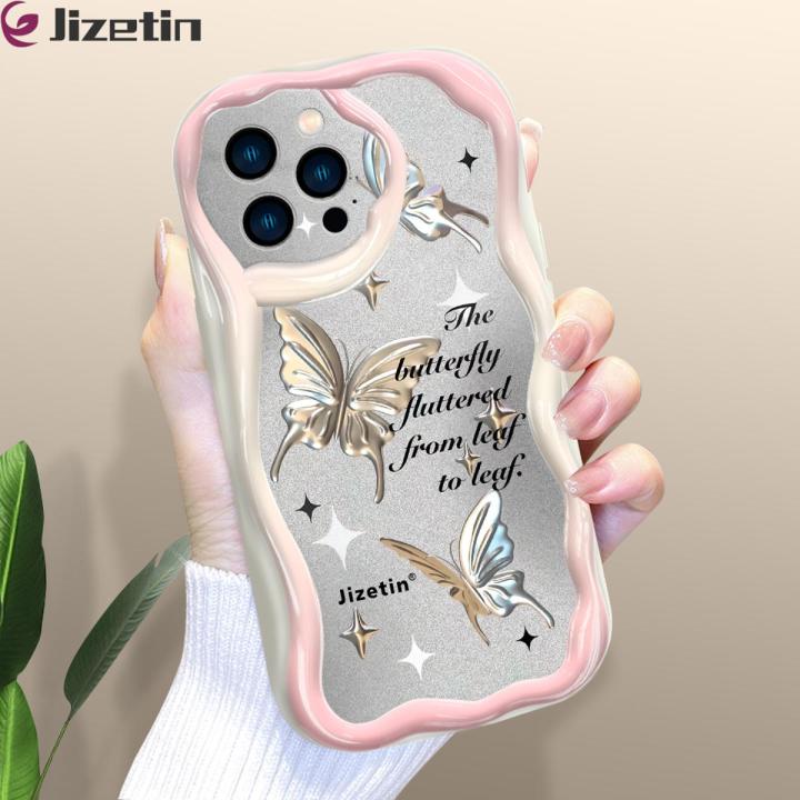 Jizetin for iPhone 12 Pro Max Back Cover Cartoon Golden Butterfly Cream Texture Wavy Edge Soft Silicone Phone Case