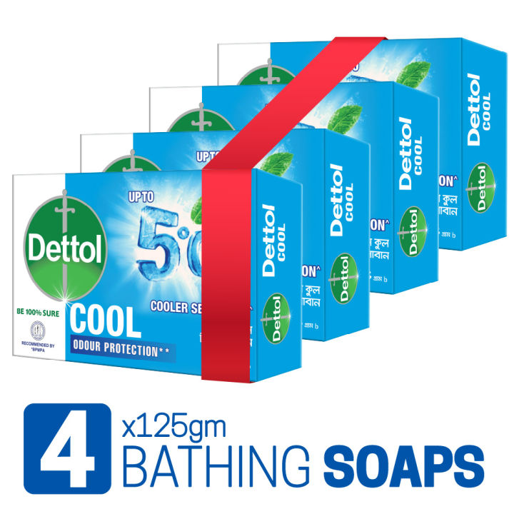 Dettol Soap Cool Quad Pack (125gm X 4), Bathing Bar Soaps with Crispy Menthol