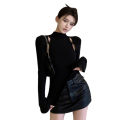 Women Knit T-shirt, Long Sleeve High Neck Hollowed Solid Slit Fall Tops for Daily Street.