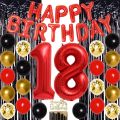 Red and Black 18th Birthday Party Decorations with Number 18 Foil Balloon Cake Topper and Curtain for Boys Girls 18th Birthday.