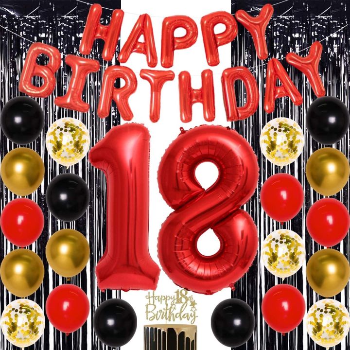 Red and Black 18th Birthday Party Decorations with Number 18 Foil Balloon Cake Topper and Curtain for Boys Girls 18th Birthday