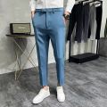 2022 Summer Fashion Mens Dark Green Suit Pants Pure Color Business Occupation Slim Fit Dress Office Ankle Trousers. 