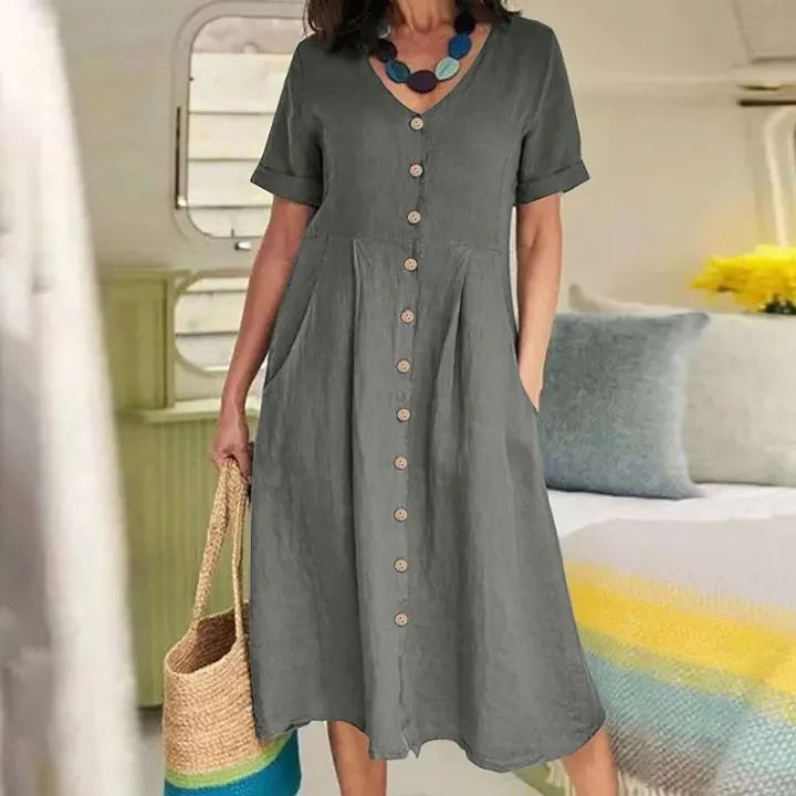 Women%E2%80%99s%20qualityful%20Solid%20Color%20Loose%20Short%20Sleeve%20Mid-long%20A-line%20Dresses%20V-neck%20Button%20Breasted%20Female%20Dress%20-%20Image%205