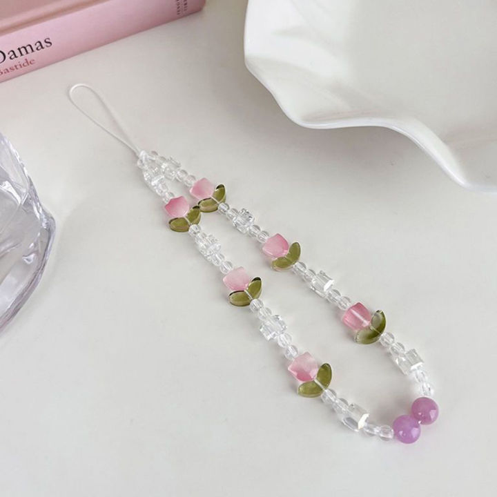 Korean Cute Flower Tulip Pearl Beaded Phone Chain For Mobile Phone Lanyard Pendant Anti-Lost Hanging Jewelry Huiye
