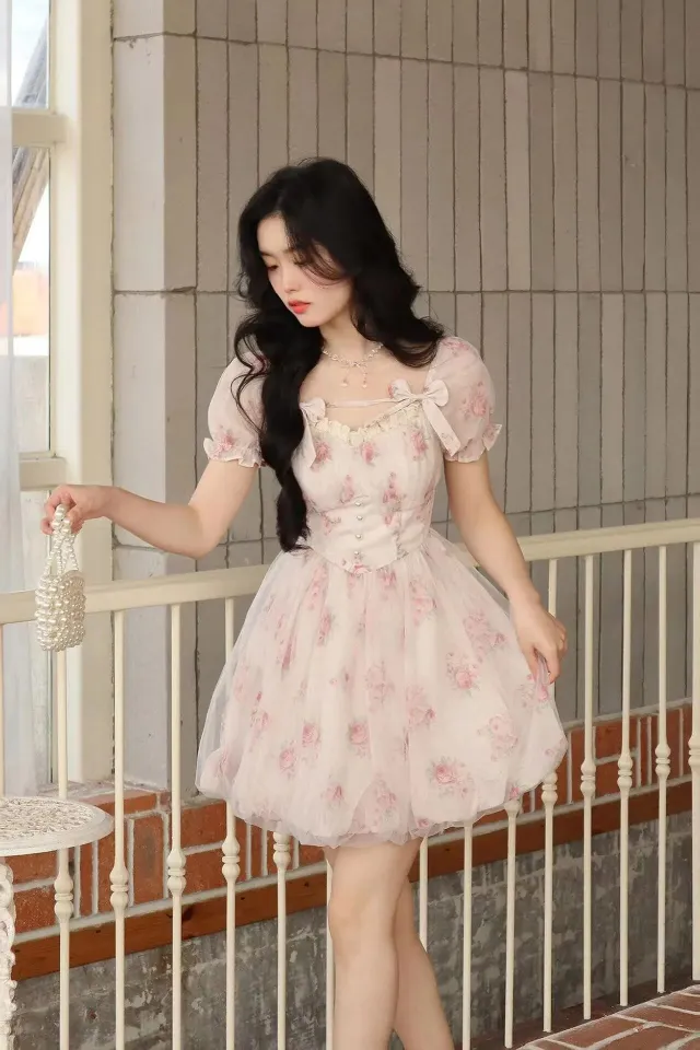 Summer Floral Sweet Mini Dress Women Print French Elegant Fairy