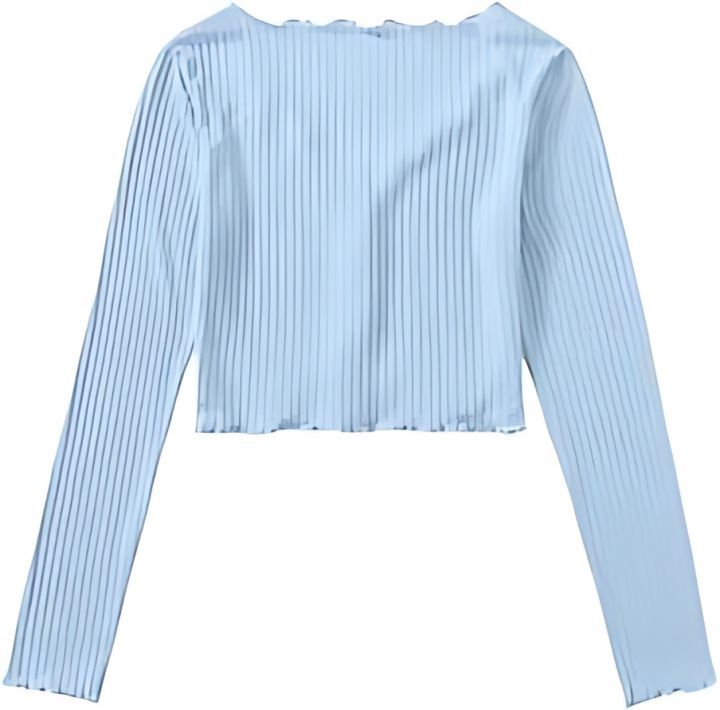 Long Sleeve Crop Top for Women Rib Fabric Lattice Design Spring Autumn Blouse
