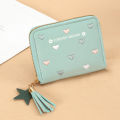 Lovely Heart Embroidered PU Leather Women's Zipper Coin Purse Star Pendant Short Wallet. 