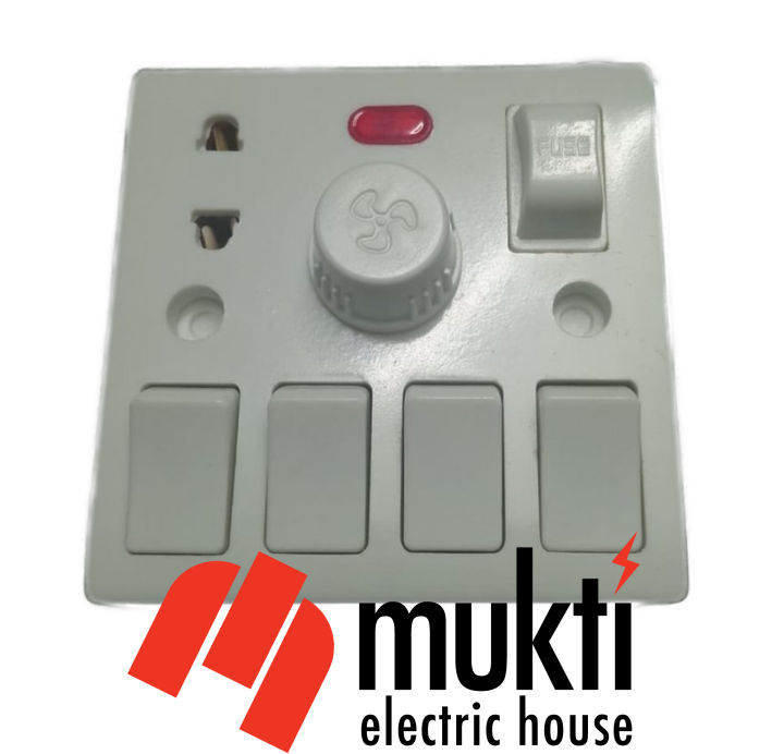 5 In 1 Four Gang Switch Fan Dimmer Regulator with 2 Pin Socket with Fuse