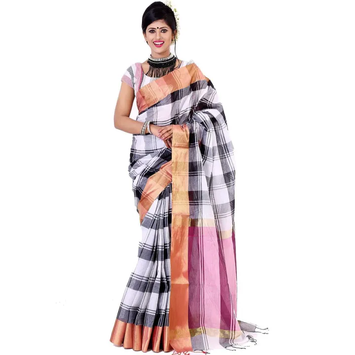 Tangail Tat মহিলাদের জন্য ব্লাউজ পিস সহ বিভিন্ন রঙের সুতির শাড়ি ...