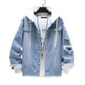 Fall New Coat Fashion Loose Men's Trendy Hat Jacket Denim Coat Youth Stitching Ripped Denim.