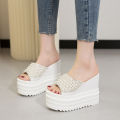 white platform slippers chunky heels sandals women beaded beach slippers women for summer slides women designer wedges shoes.