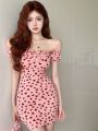 Dress Women's Autumn New Pure Desire Elegant Heart Printed Design Lace-up Sweet Hot Girl Slim-Fit Hip Skirt.