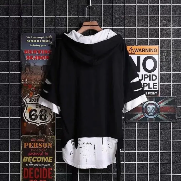 super%20Fire%20Ribbon%20Hooded%20%20Hop%20Short%20Sleeve%20%20Hop%20Fashion%20T-shirt%20Men's%20Fake%20Two-piece%20Street%20Bf%20Loose%20Five%20Sleeve%20T-shirt%20-%20Image%204