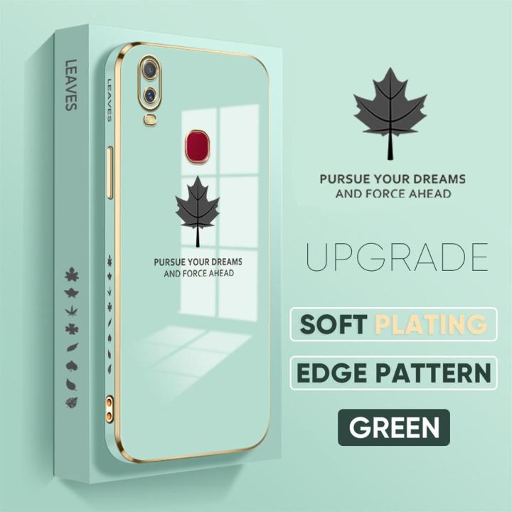 Jizetin (Free Lanyard) for Vivo Y11 2019 Back Cover Maple Leaf Luxury 6D Plating Case Side Pattern Soft Silicone Square Mobile Phone Cases