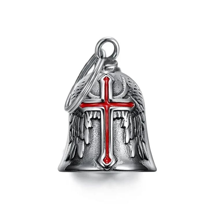Fashion Red Cross Guardian Angel Wings Bell Motorcycle Bell Keychain Men||||'s Biker Exorcist Amulet Lucky Jewelry Accessory