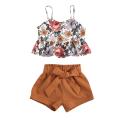 Kid Girl Short Pants Outfits, Floral Printed Ruffles Hem Sling Tops+ Elastic Solid Color Shorts Simple Style Set. 