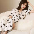 Summer Pajamas Women's Set Loose Korean Edition Large Size Printed Casual Ice Silk Short Sleeve Long Pants Home Fury. 