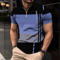 Men's Zip Polo Shirt 3d Stripe Print Fashion Clothing Summer Business Casual T-Shirt Mens Polo Shirt Zip Short Sleeve Street Top. 
