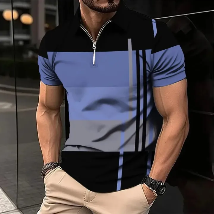 Men's%20Zip%20Polo%20Shirt%203d%20Stripe%20Print%20Fashion%20Clothing%20Summer%20Business%20Casual%20T-Shirt%20Mens%20Polo%20Shirt%20Zip%20Short%20Sleeve%20Street%20Top%20-%20Image%205