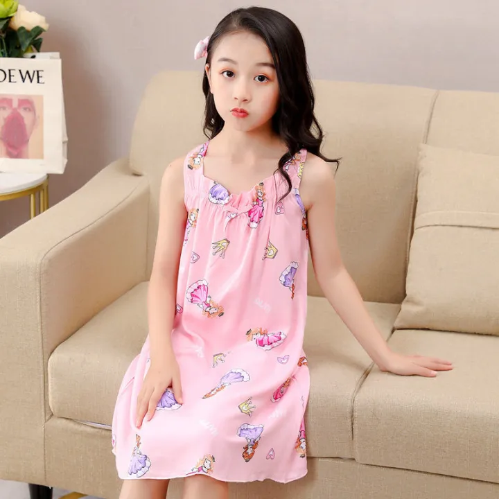 Girls'%20Nightdress%20Cotton%20Silk%20Girls'%20Pajamas%20Sleeveless%20Summer%20Medium%20and%20Large%20Children's%20Sling%20Princess%20Dress%20Artificial%20Cotton%20Home%20Wear%20-%20Image%204