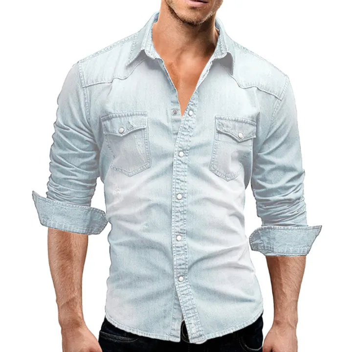 Men%20s%20Denim%20Button%20Down%20Shirts%20Solid%20Color%20Long%20Sleeve%20Lapel%20Denim%20Tops%20Spring%20Casual%20Button%20Shirts%20-%20Image%202