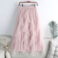 Big Ruffles Tulle Skirt Womens Autumn Winter High Waist Elegant Pleated Skirts Female Korean Fashion Casual Mesh Skirt.