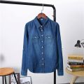 Autumn Women Lapel Button Blue Long Sleeves Denim Jean Shirts Pocket Slim Jeans tops Blouse Plus Size blusas mujer. 