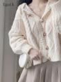 Spring and Autumn Horn-button Hooded Knit Sweater Coat Women Loose Outside Crop Top Gentle Soft Preppy Style White Cardigan. 