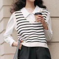 Vest Vest Autumn Women's New Design Sense Niche Wear Knitted Striped Loose V Collar Fake Two Pieces Shirts. 