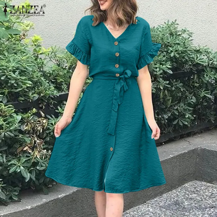 ZANZEA%20Women%20Short%20Sleeve%20Button%20Up%20A-Line%20Sundress%20Party%20Summer%20Belted%20Long%20Midi%20Dress%20#15%20-%20Image%204