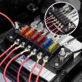 RV fuse block-1 x 6 Way Blade Fuse Box Block
12 x Yellow Heat Shrink Connectors
2 x Label Stickers
4 x 5A Blade Fuse
2 x 10A Blade Fuse
2 x 15A Blade Fuse
4 x 20A Blade Fuse-As shown.