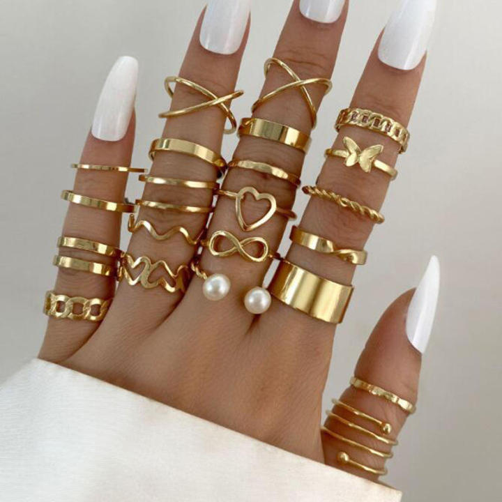 22Pcs/set Boho Women Ring Set Butterfly Pearl Adjustable Opening Ring Cross Design Fashion Jewelry Women Girl Trendy Finger Decoration