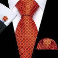 Fashion Orange Yellow Men Tie Luxury Silk Plaid High Quality Pocket Square Cufflinks Sets Groom Wedding Gifts Barry.Wang 6484. 