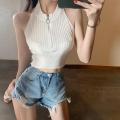Spring flowers Women Half Zip Tank Tops, Sleeveless Solid Color Rib Knit Slim Fit Halter Crop Tops. 