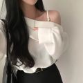 Sense of Design ins Large Lapel Strapless Long Sleeve Shirt Women's Salt Casual Korean Women's Outer Wear. 
