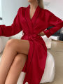 Ladies relax wear Solid Color Breathable Satin Long Dressing Gown with Belt - V-Neck Casual Polyester Nightwear for All Seasons - No Elast.
