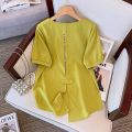 Split Short Sleeve T T-shirt Women's Summer New Korean Style Loose Slimming Large Size V Collar Top Female Fashion.