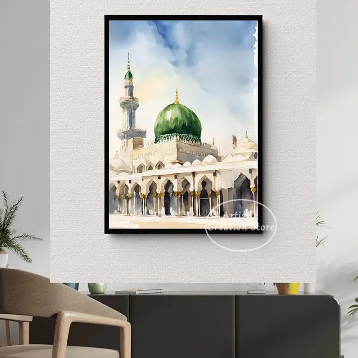 Masjid%20Nabawi%20Islamic%20Art%20Poster%20Watercolor%20Art%20Wall%20Canvas%20Painting%20Muslim%20Prints%20Living%20Room%20Mecca%20Art%20Picture%20Home%20Decor%20-%20Image%202